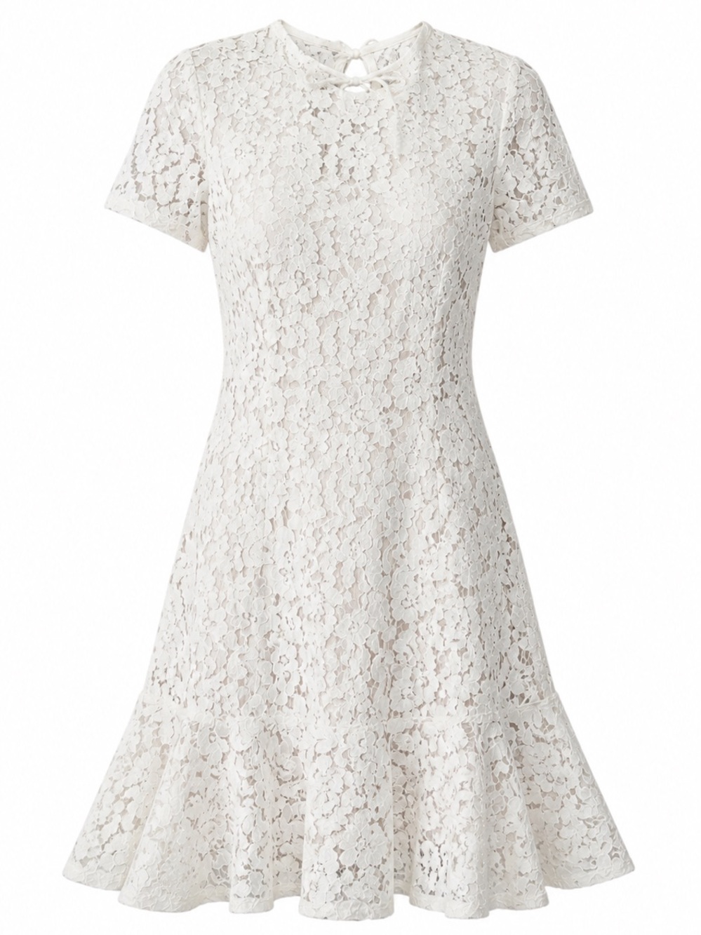White Fox | M | Elegant White Lace Short Sleeve Ruffle Hem Dress - Picture 3 of 8